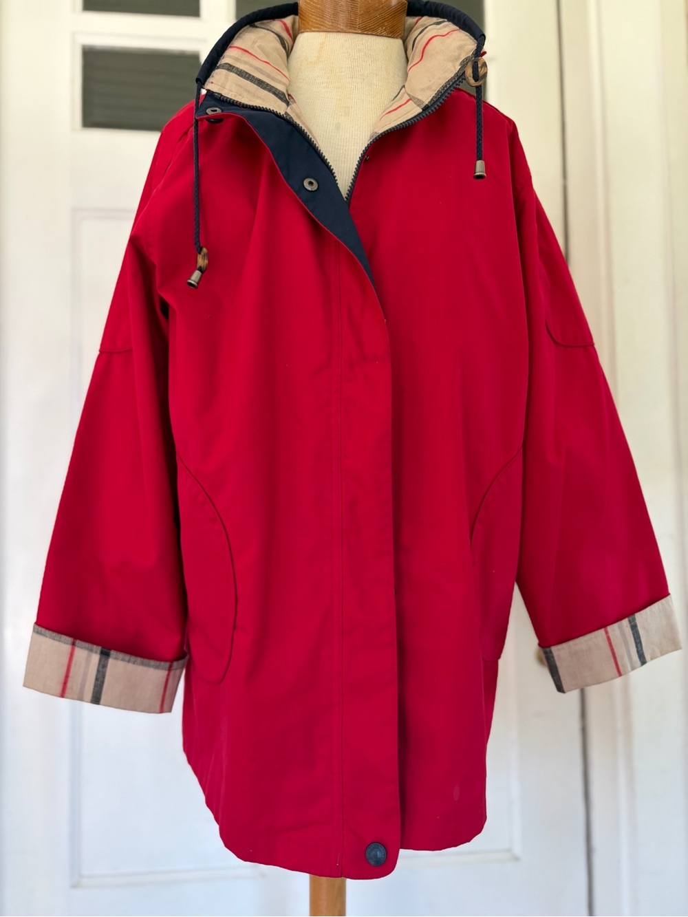 Vintage Mulberry Red Hooded Trench Coat with Plaid Trim